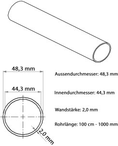 Datenblatt V2A Rundrohr 48,3 x 2,0 mm mit Länge 1m / 1000 mm