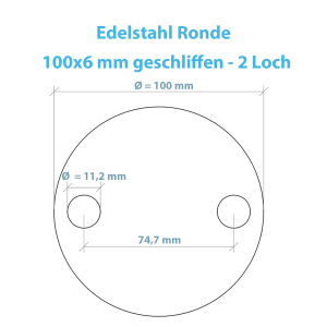 Technische Zeichnung der Ronde aus Edelstahl - 100 x 6 mm mit 2 Lochbefestigung