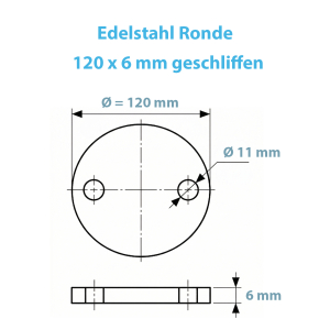 Maßblatt der geschliffenen Edelstahl Ronde 2 Löchern und 120 mm Durchmesser