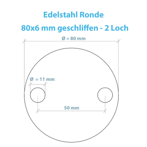 Technische Zeichnung der Ronde aus Edelstahl in der Größe 80 x 6 mm mit 2 Lochbefestigung