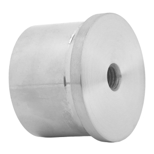 Seitenansicht der Edelstahl Endkappe für 42,4 x 2,0 mm Rohre - flach, vollmassiv und mit langem Sockel