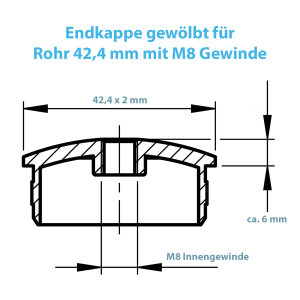 Technische Zeichnung zur gewölbten 42,4 mm Endkappe mit M8 Gewinde
