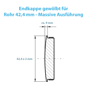 Maße der massiven und gewölbten Endkappen mit 42,4 mm Rohrdurchmesser