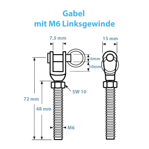 Maßblatt der M6 Gabel mit Linksgewinde
