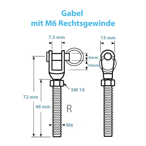 Technische Zeichnung zum Gabelterminal mit M6 Rechtsgewinde