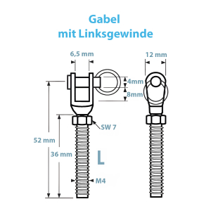 Maßskizze der Edelstahl Gabel mit M4 Linksgewinde