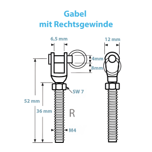 Skizze mit allen Maßen der M4 Gabel mit Rechsgewinde