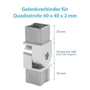 Übersicht aller Maße zum Edelstahl Gelenkverbinder für Vierkantrohre 40 x 40 mm