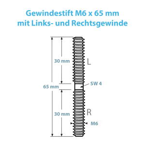 Maßblatt zum M6 Gewindestift mit 65 mm Länge und Rechts- und Linksgewinde
