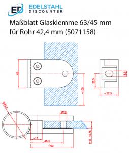 Masszeichnung Glasklemme 63x45 mm für Rohr 42,4 mm