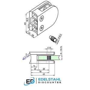 Datenblatt Glasklemme Edelstahl 48 3 mm