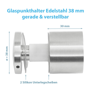 Maße zum verstellbaren Edelstahl Glaspunkthalter mit einem Durchmesser von 38 mm - flache Ausführung