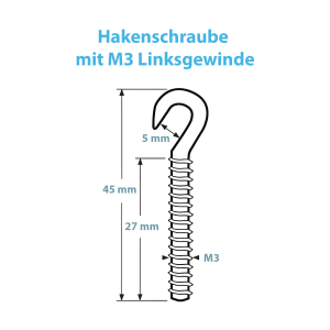 Übersicht aller Maße der M3 Hakenschraube mit Linksgewinde