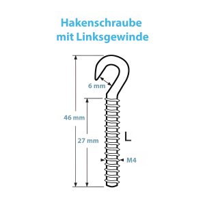 Übersicht aller Maße der M4 Hakenschraube mit Linksgewinde