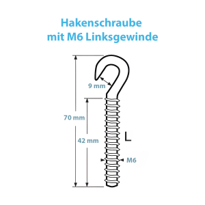 Technische Zeichnung zu den M6 Hakenschrauben mit Linksgewinde