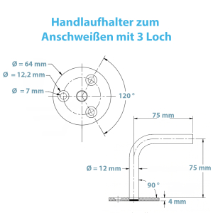 Übersicht aller Maße des Handlaufhalters zum Anschweißen mit 3 Loch Befestigung