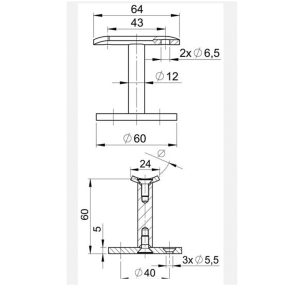 Handlaufstütze Brüstung mit Ring 42,4 mm - 3 Loch