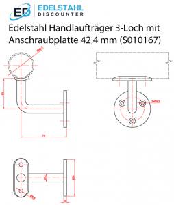 Masszeichnung zu Handlaufträger 3 Loch für Rohr 42,4 mm