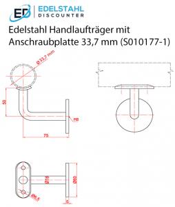 Masszeichnung Handlaufträger mit Ronde und Platte für Rohr 33,7 mm