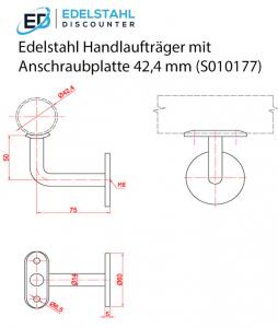 Masszeichnung Handlaufträger mit Ronde und Anschraubplatte für Rohr 42,4 mm
