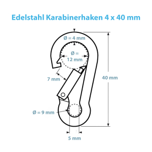 Technische Zeichnung zum Karabinerhaken in der Größe 4 x 40 mm