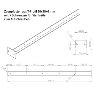 Datenblatt T-Profil Zaunpfosten anthrazit für Seile zur Montage am Boden