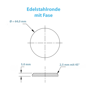 Technische Zeichnung der Edelstahlronde mit Fase und 64 mm Durchmesser