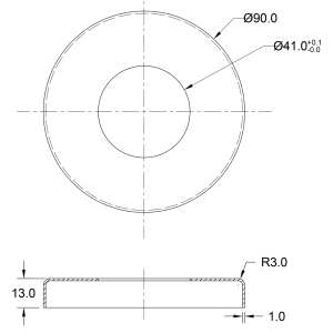 Masszeichnung Rosette Edelstahl mit 90 mm Durchmesser und Mittelbohrung 41 mm - für S014138