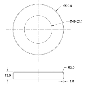 Masszeichnung Rosette Edelstahl 90 mm Aussendurchmesser - Mittelbohrung 49 mm - für S014108