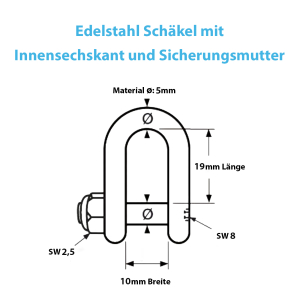 Schäkel mit Innensechskant und Sicherungsmutter 5mm
