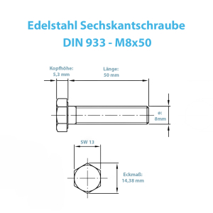 Technische Zeichnung der Edelstahl Sechskantschraube M8x50mm