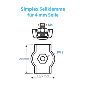 Datenblatt zur Simplex Seilklemme für 4 mm Seile aus V4A Edelstahl