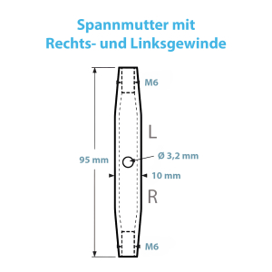 Maßblatt zur Spannmutter mit M6 Rechts- und Linksgewinde