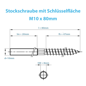 technische Zeichnung der Stockschraube M10 x 80 mm
