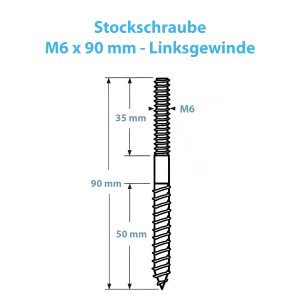 Technische Zeichnung zur M6 Stockschraube mit 90 mm Länge und Linksgewinde