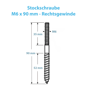 Maßblatt zur M6 Stockschraube mit 90 mm Länge