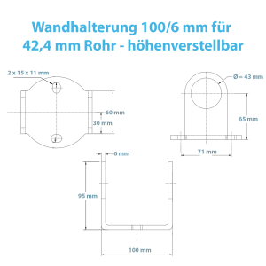Technische Zeichnung zur höhenverstellbaren Wandhalterung für 42,4 mm Rohre