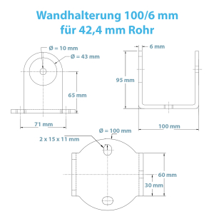 Technische Zeichnung zur Rohr Wandhalterung für 42,4 mm Rohre