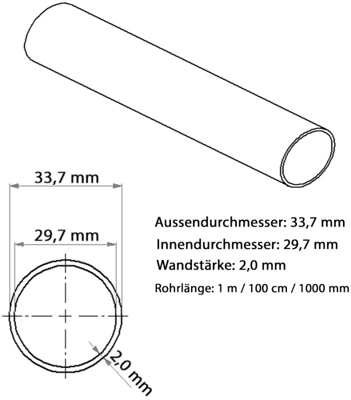 V2A Edelstahlrohr 33,7 X 2,0 Mm – Geschliffen Korn 240, Länge 0,2–2 M, AISI 304, Für Geländer & Deko