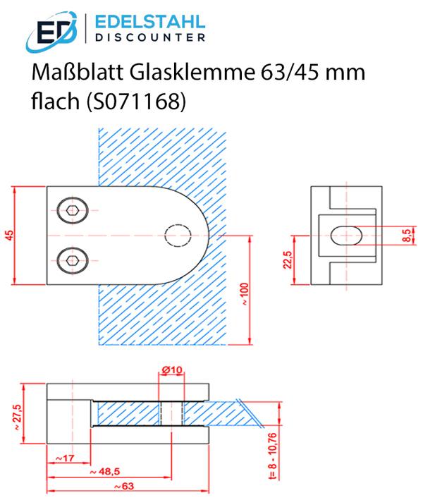 Edelstahl Glashalter 55 x 65mm Glasklemme Blechklemme Klemme V2A V4A
