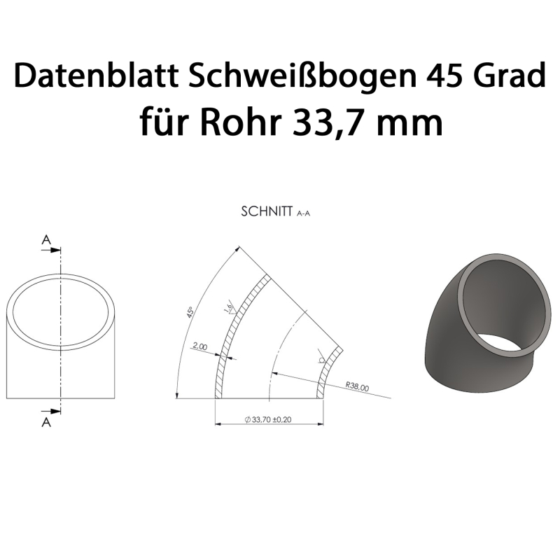 Edelstahl Schweissbogen für Krümmerbau 45 Grad 42 mm Edelstahl Schweissbogen für Krümmerbau 45 Grad 42 mm
