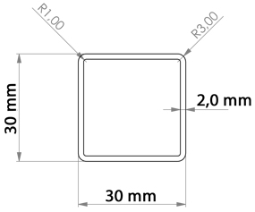 Querschnitt Edelstahl Quadratrohr 30x30x2 mm