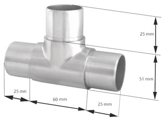 Edelstahl T-Stück 42,4x2,0 mm mit Bemassung