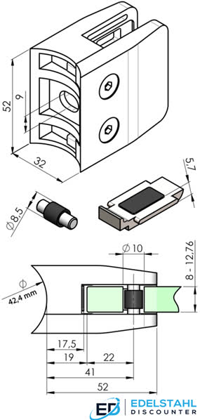 technische Maße zum Glashalter 52x52 mm mit Sicherungsplatte + Stift