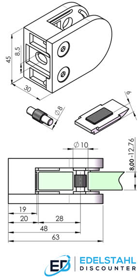 technische Zeichnung für flache Glasklemme 63x45 mm mit Stift und Sicherungsplatte