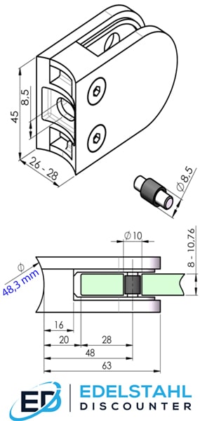 technisches Datenblatt zur Glasklemme 63 x 45 mm für Rohr 48,3 mm