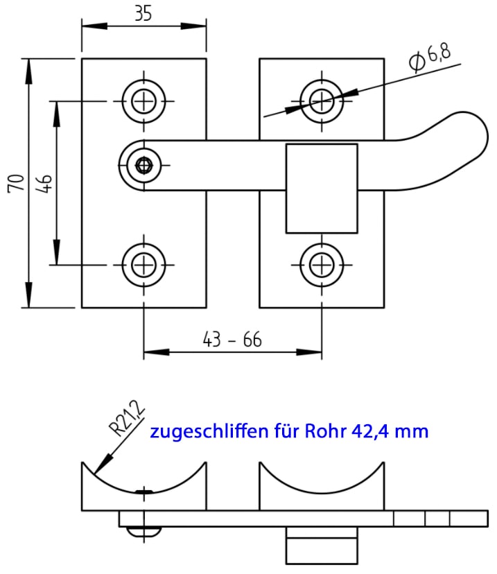 Edelstahl Tür Riegel 70 mm 4 Loch Torriegel Heberiegel V4A für 42,4 Rohr  für Ø